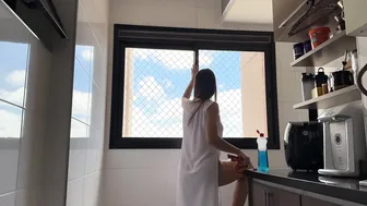 WHITE TRANSPARENT DRESS CLEANING THE WINDOW #7