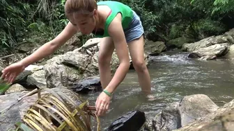 Bushcraft Trip & Camping at the foot of the mountain with a small stream flowing, relaxing fishing