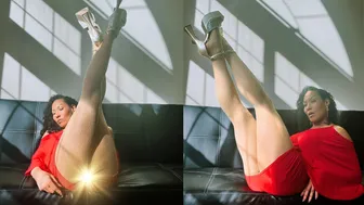 Kellie reviews a pair of flesh-coloured stockings over an elegant red dress with high heels