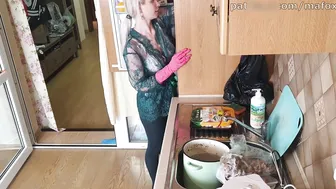 Fridge cleaning in robe and tights #3