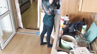 Fridge cleaning in robe and tights #5