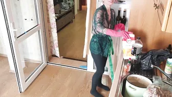 Fridge cleaning in robe and tights #6