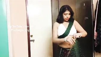 Green shiffon saree Draping/Fashion designer blouse #sareedraping #transparent #fashion #housewife #5